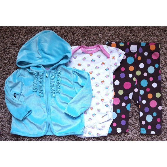 Girl's Size 6-9 M Months 3 Piece Blue Velour Hooded Jacket, Owl Top & Dot Pants - Picture 1 of 9